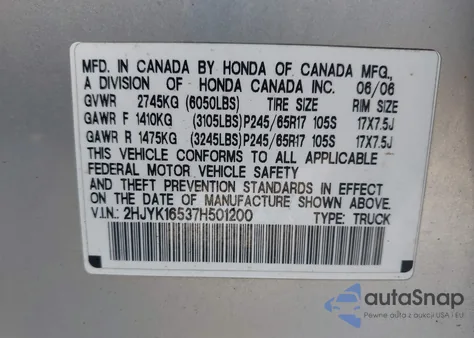 2007 Honda Ridgeline Rtl from USA, damaged, VIN 2HJYK16537H501200